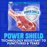 Clear Ziploc slider freezer bag with a raw steak inside and 'Power Shield Technology' shield graphic on blue background.