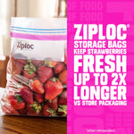 Close-up of a filled Ziploc bag of strawberries beside bold pink text claiming Ziploc keeps strawberries fresh up to 2x longer.