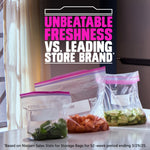 Three clear Ziploc bags filled with cut vegetables on a table with a bold headline about unbeatable freshness.