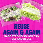 Two Ziploc slider bags, one with salad and one with grapes, over pink background with ‘Reuse Again & Again’