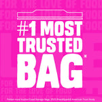 Bold pink graphic reading '#1 Most Trusted Bag' over a subtle Ziploc zipper line motif