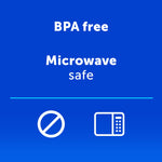 Blue infographic panel stating 'BPA free' and 'Microwave safe' with simple iconography