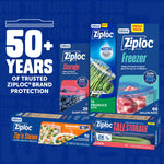 Brand promotional image showing multiple Ziploc product boxes including Zip'n Steam and text "50+ years of trusted Ziploc brand protection"