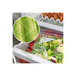 Photo of a Ziploc breathable produce bag filled with salad in a refrigerator drawer with a magnified inset showing vent pattern.