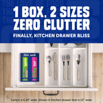 Kitchen drawer with cutlery and a Ziploc Lunch DUO carton placed in a drawer, promotional text above
