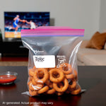 Clear Ziploc storage bag with pink zipper on a table filled with onion-ring snacks and a living room TV blurred in background