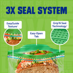 Graphic close-up of a Ziploc sandwich bag top showing EasyGuide texture, Grip'N Seal detail and an open tab