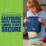 Lifestyle image of a child placing a sandwich in a Ziploc bag, with text 'EasyGuide helps ensure lunch stays secure' on green panel.