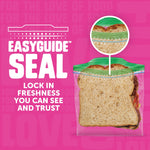 Graphic highlighting 'EasyGuide Seal' with close-up inset of textured zipper on a sandwich bag and supporting text