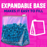 Ziploc bag with expandable base filled with blueberries and headline 'Expandable base makes it easy to fill'