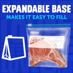 Ziploc bag with an expandable base illustration holding a pork chop and text 'Expandable base makes it easy to fill'