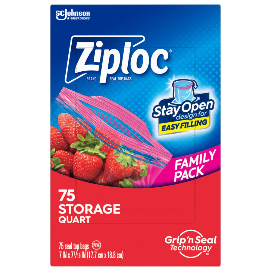 Ziploc family pack product box artwork showing strawberries, a pink zipper graphic and '75 storage quart' labeling.