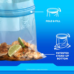Illustrated Ziploc bag showing 'fold & fill' and 'patented stand-up bottom' callouts with chicken and lime inside the bag