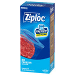 Angled product box photo of Ziploc Freezer gallon bags showing side panel icons and front artwork with steak image