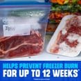 Ziploc quart freezer bag holding raw meat inside, with produced tray and garden scene blurred in background