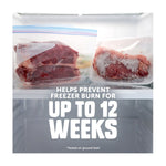 Two Ziploc freezer bags on a refrigerator shelf holding raw and frozen meat with text about preventing freezer burn