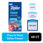 Ziploc Freezer gallon box front with steak visible through a resealable bag and 60 count label