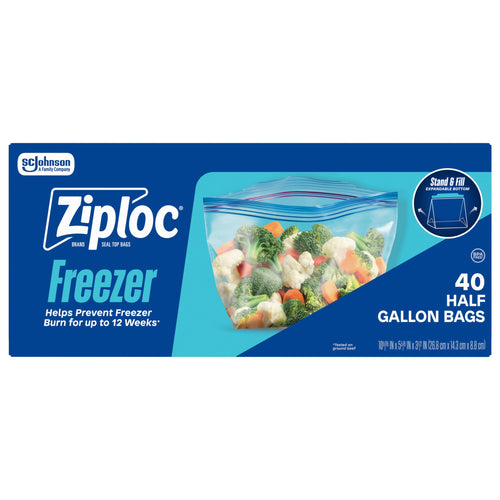 Front of a Ziploc Freezer half-gallon box showing a clear freezer bag filled with mixed vegetables and branding for 40 half gallon bags.