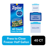 Ziploc freezer half-gallon product box showing Grip 'n Seal branding and 40 count label with bag of frozen vegetables