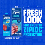 Promotional graphic showing old and new Ziploc freezer packaging with large text ‘Fresh Look for Trusted Ziploc Protection’