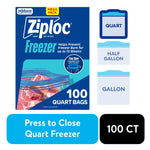 Box packaging for Ziploc Freezer quart bags with product photo of meat and '100 quart bags' label