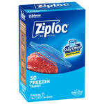 Angled product shot of Ziploc freezer quart box with '50 Freezer Quart' label and StayOpen design badge