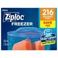Close-up of a Ziploc Freezer box with quart label and visible zipper bag graphic on blue packaging