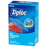 Three-quarter view of a Ziploc freezer quart box showing brand logo, product art and side panel text