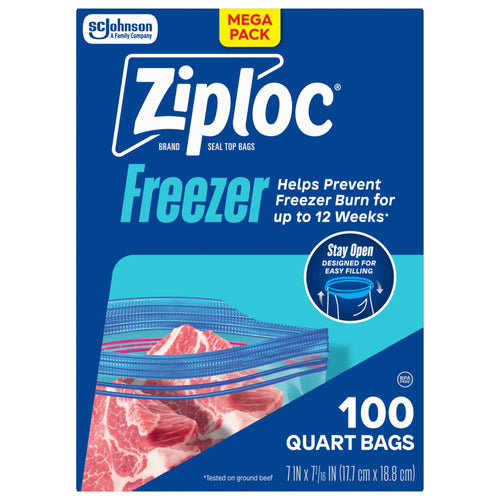 Front-facing Ziploc Freezer quart bag packaging showing sealed bag of raw meat and branding
