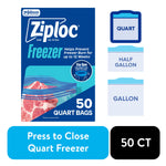 Front of Ziploc freezer quart bag packaging showing meat inside an illustrated bag and '50 quart bags' text