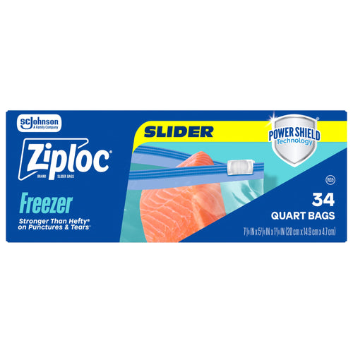 Wide product box image for Ziploc Freezer Slider quart bags showing slider, Power Shield logo, and '34 quart bags'