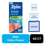 Ziploc Freezer slider packaging front with image of sealed bag containing salmon and icons for quart, half gallon, gallon sizes