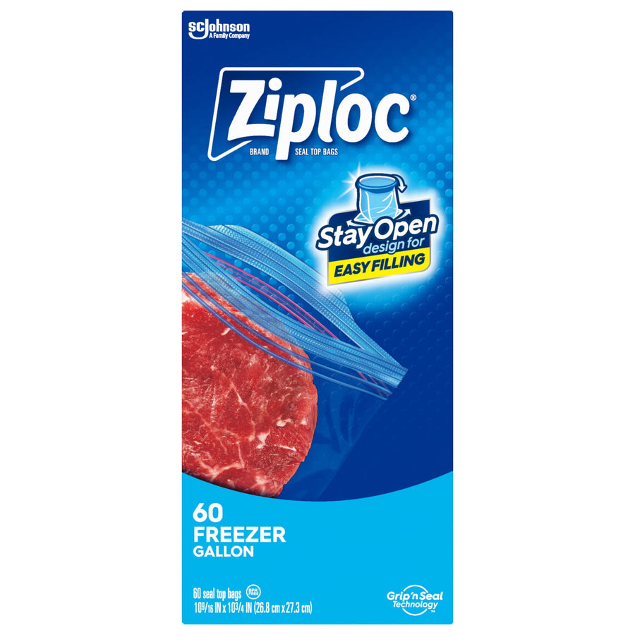 Tall product box image for Ziploc Freezer showing a steak in a resealable bag and ‘60 Freezer Gallon’ text