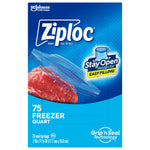 Front-facing product box art for Ziploc freezer quart bags showing a raw meat image and Stay Open callout, 75 count label