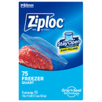 Front product box art for Ziploc freezer quart bags with blue background, meat image and Grip 'n Seal branding
