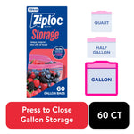 Single Ziploc Storage gallon box artwork with icons for quart, half gallon and gallon and callouts for press-to-close and 60 ct.