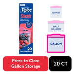 Graphic showing a Ziploc gallon storage box image, bag size icons and callouts 'Press to Close Gallon Storage' and '20 CT'