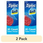 Two Ziploc branded gallon freezer boxes side-by-side showing a raw meat image and '20 Count Gallon Freezer' text