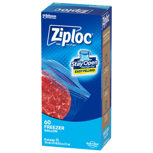Ziploc blue boxed package of gallon freezer bags featuring stay-open zipper graphic and steak image