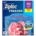 Front of a Ziploc Freezer gallon bag box showing raw meat in a clear bag and a blue label with '152' count callout.