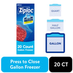 Ziploc gallon freezer box with icons for quart, half gallon and gallon sizes and labels 'Press to Close Gallon Freezer' and '20 CT'