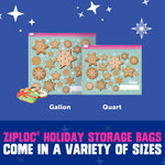 Illustration of two holiday-patterned Ziploc bags labeled 'Gallon' and 'Quart' with cookie props and star accents.