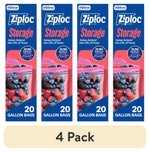 Four vertical product panels showing Ziploc Storage gallon bag packaging with berries and '20 gallon bags' label and '4 Pack' banner