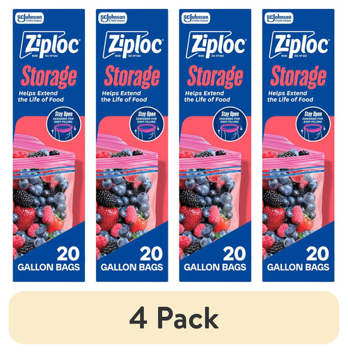 Four vertical product panels showing Ziploc Storage gallon bag packaging with berries and '20 gallon bags' label and '4 Pack' banner