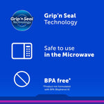 Blue infographic highlighting 'Grip'n Seal Technology', microwave-safe icon and 'BPA free' text with simple icons