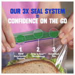 Close-up of hands sealing a textured green Ziploc bag with three highlighted seal features over a sandwich