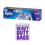 Box packaging of Ziploc Heavy Duty gallon bags with image of a sealed clear bag holding metal tools and purple branding.
