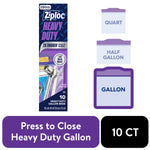 Tall product panel showing Ziploc Heavy Duty label, gallon bag icon, and purple press-to-close badge on white background.