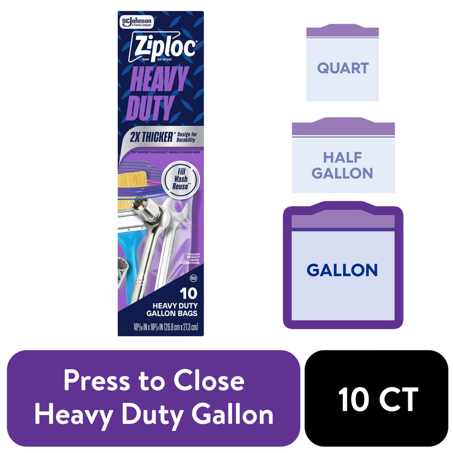 Tall product panel showing Ziploc Heavy Duty label, gallon bag icon, and purple press-to-close badge on white background.