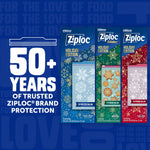 Promotional graphic showing three Ziploc Holiday Edition boxes and text '50+ YEARS OF TRUSTED ZIPLOC BRAND PROTECTION'.